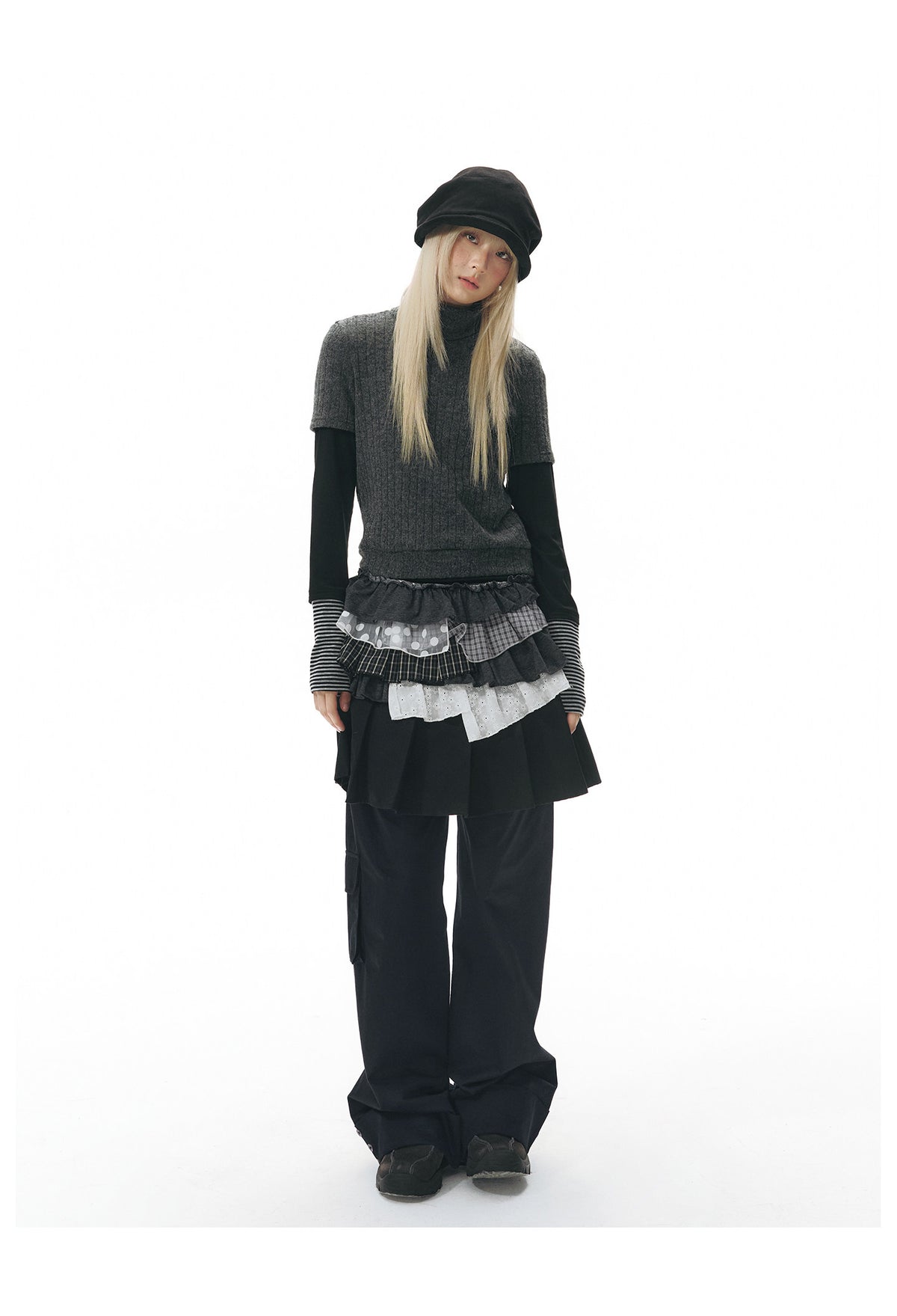 Pleated Skirt-Overlay Cargo Wide-Leg Pants