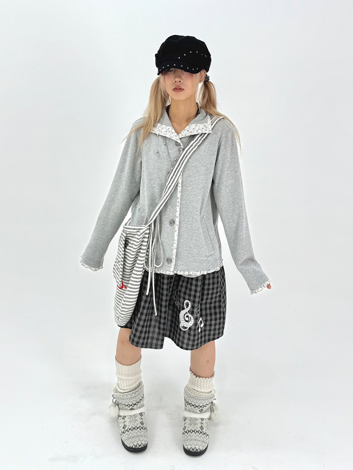 Floral-Trim Stand Collar Button Cardigan