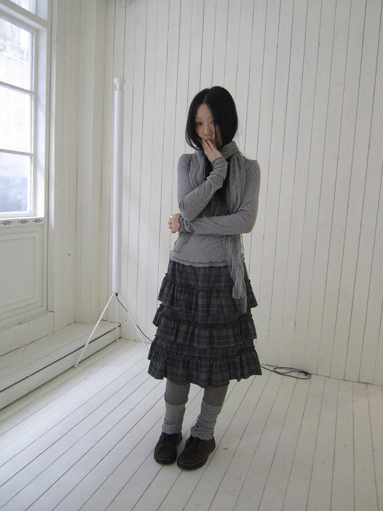 Vintage Gray Plaid Tiered Ruffle Skirt