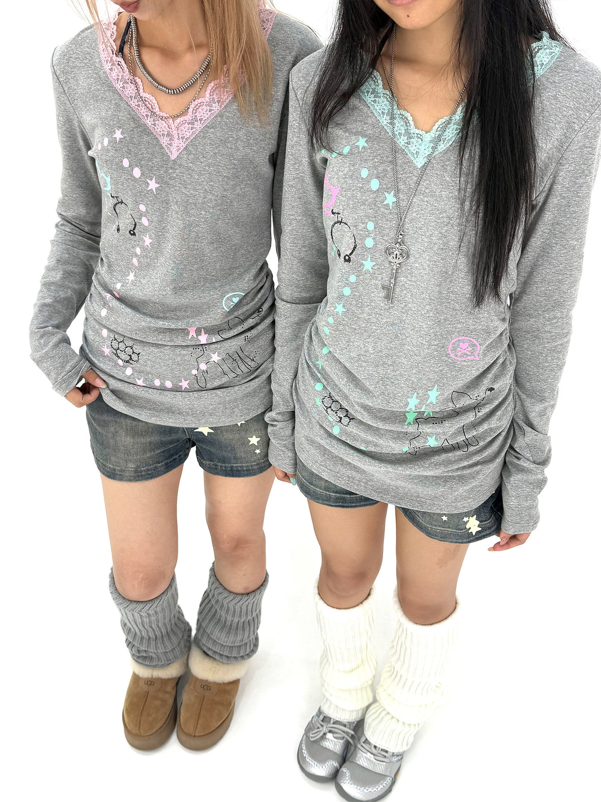 Lace-Trim V-Neck Graphic Long Sleeve Top