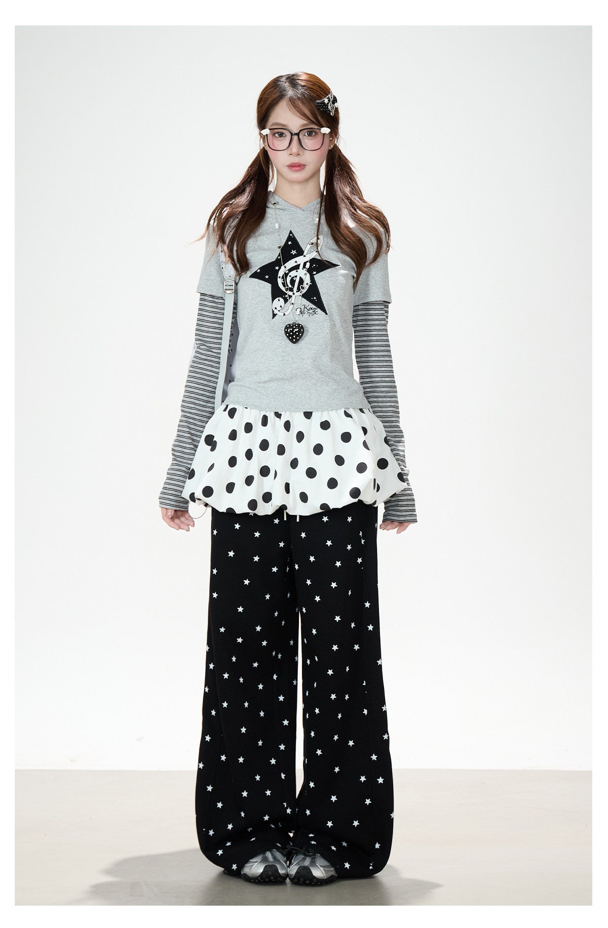 Music Note Star Layered Hoodie Top & Polka Dot Tie-Waist Wide-Leg Pants