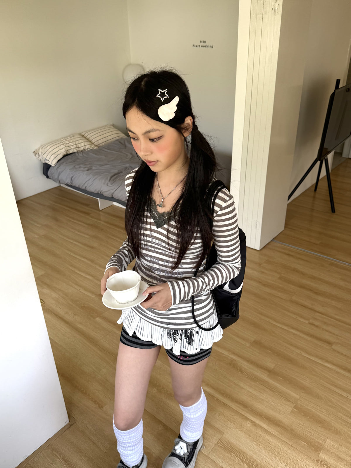 Gray Stripe Lace V-Neck Graphic Long Sleeve Tee