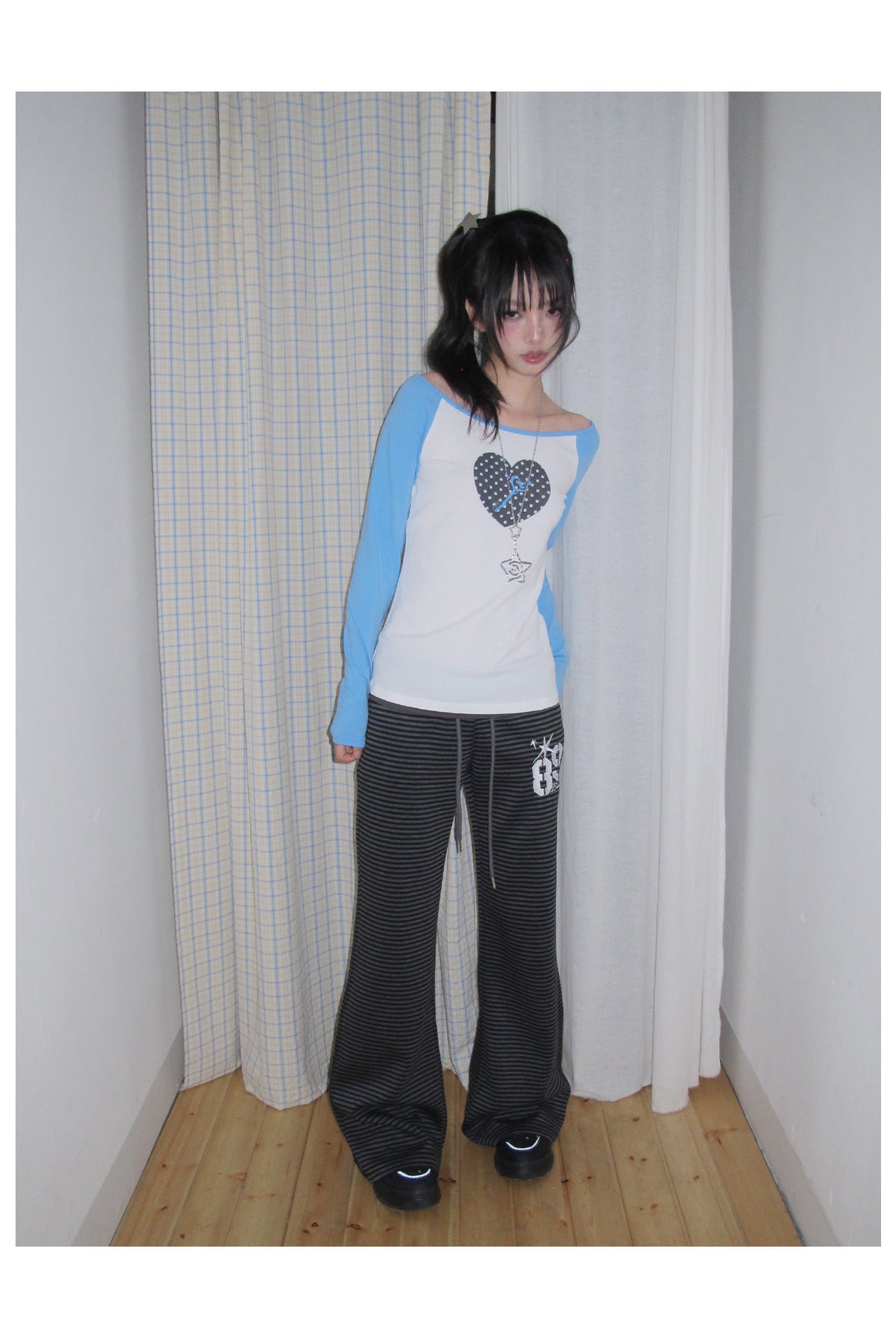 Polka Dot Heart Key Contrast Raglan Long Sleeve Tee