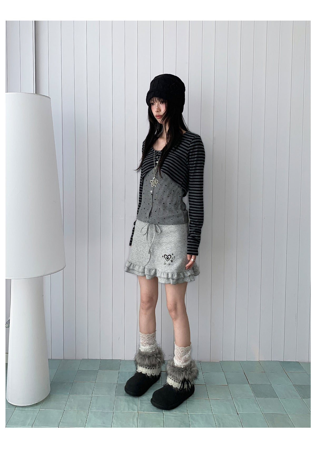 Heart Pulse Drawstring Ruffle Mini Skirt