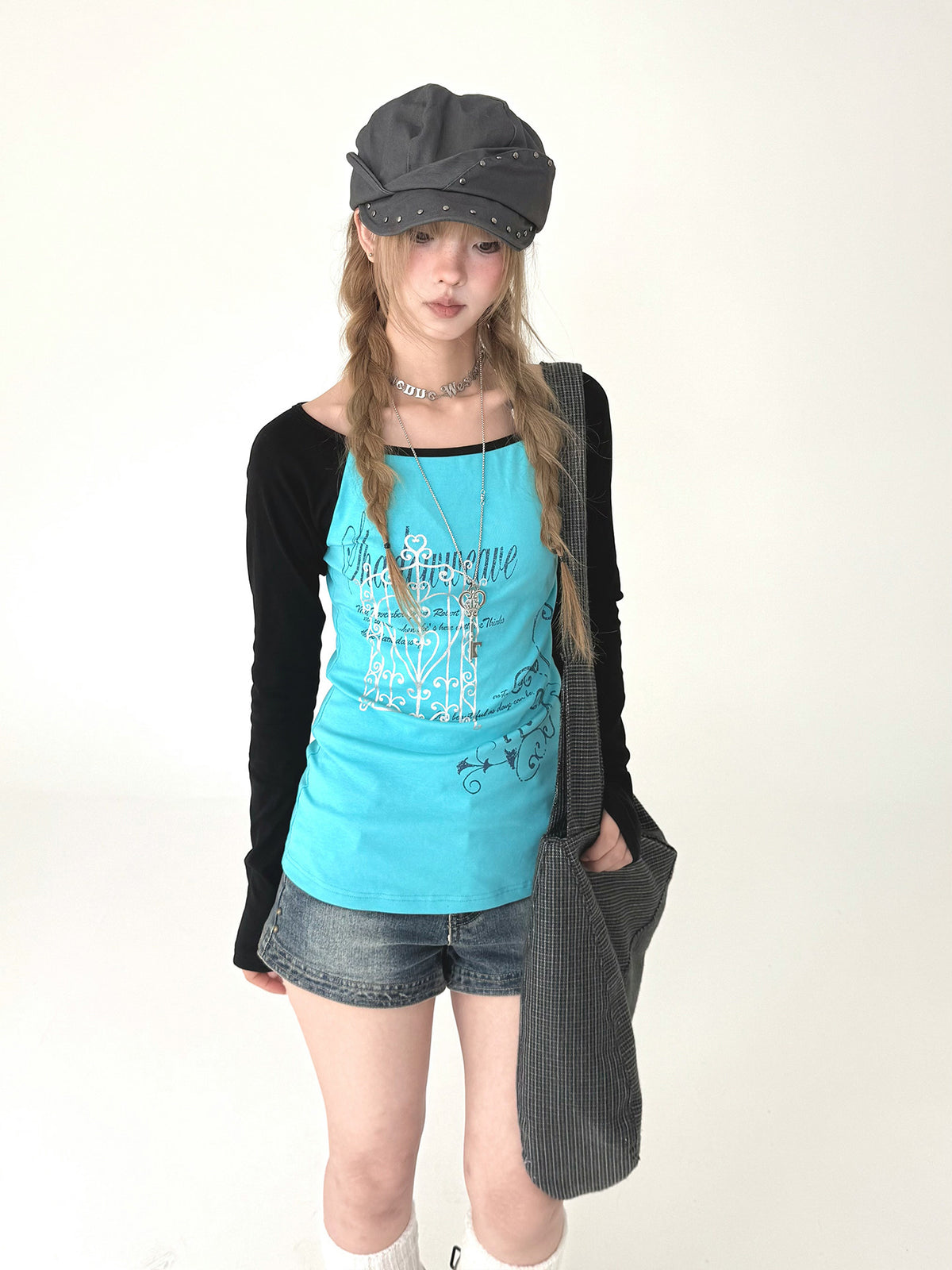 Aqua Contrast Graphic Raglan Long Sleeve Top