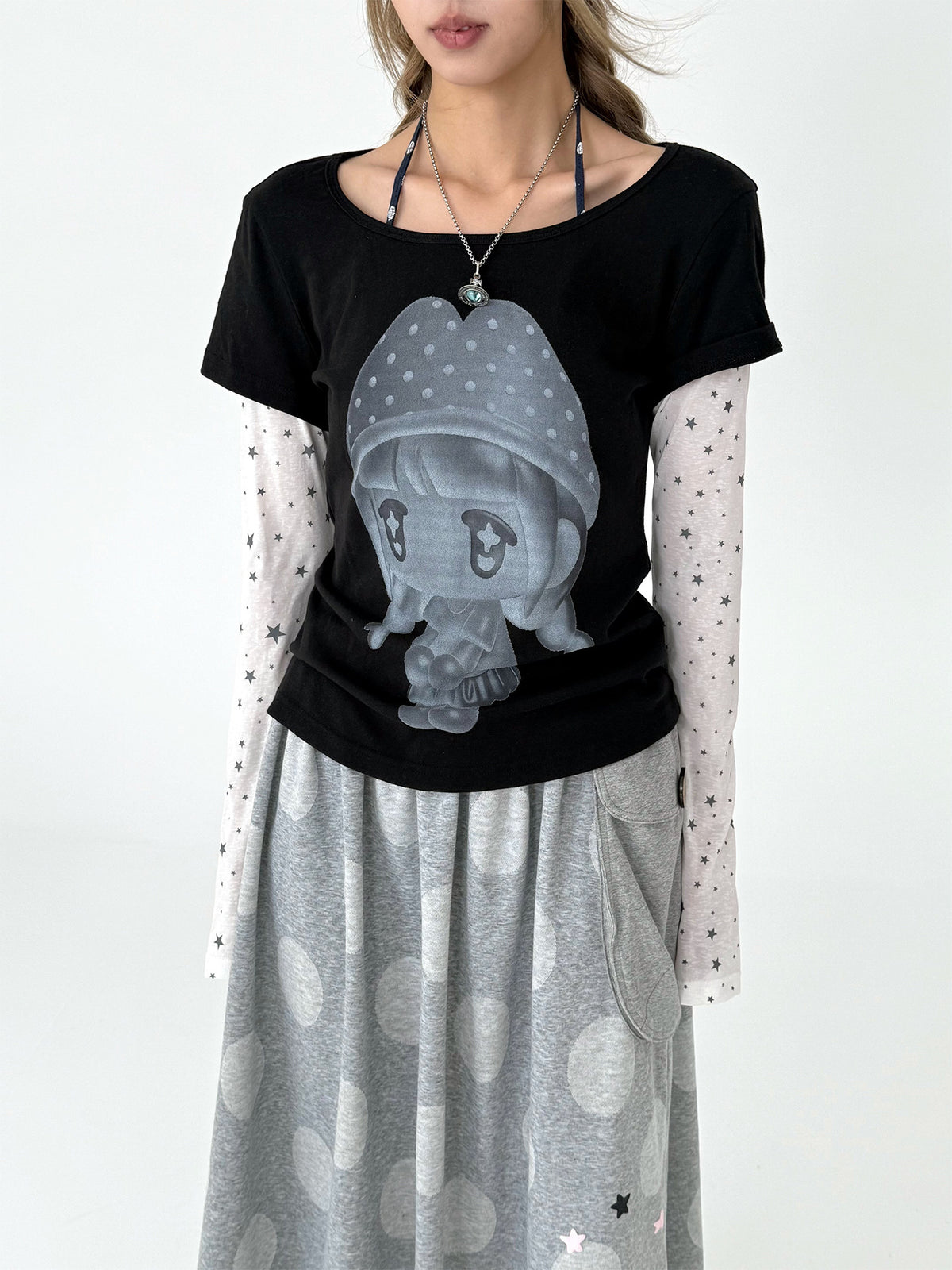 Mushroom Girl Star Faux-Layered Long Sleeve Tee