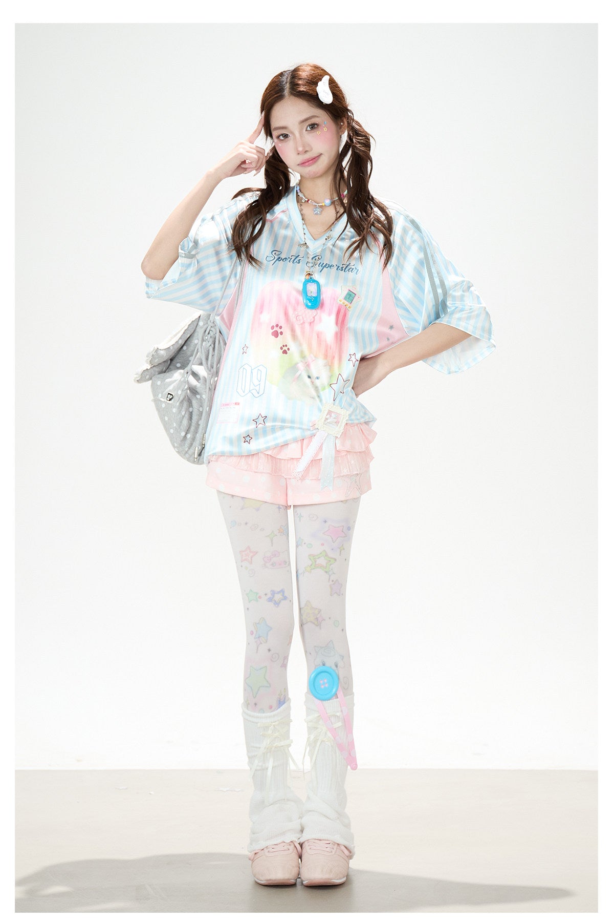 Striped Kitty Graphic V-Neck Tee & Layered Gingham Ruffle Skirt