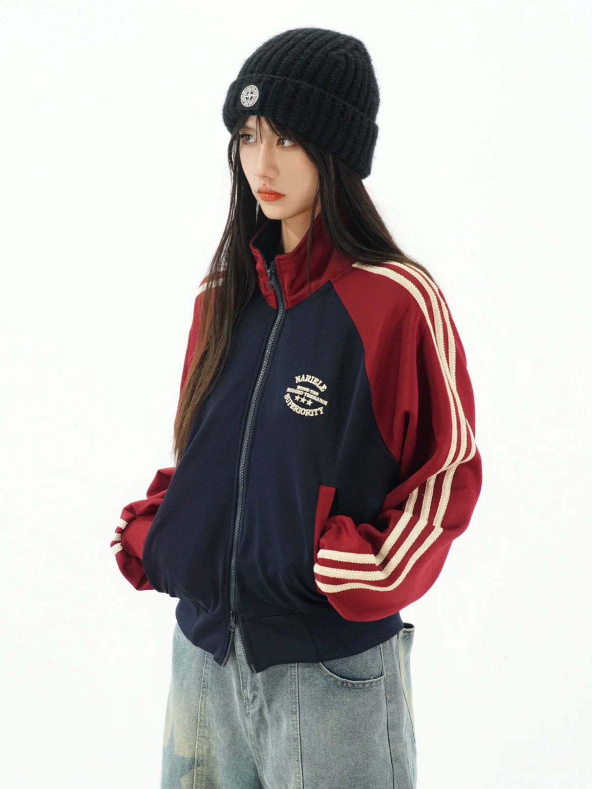 Farbblock-Trainingsjacke mit Seitenstreifen (Marineblau / Aprikose)