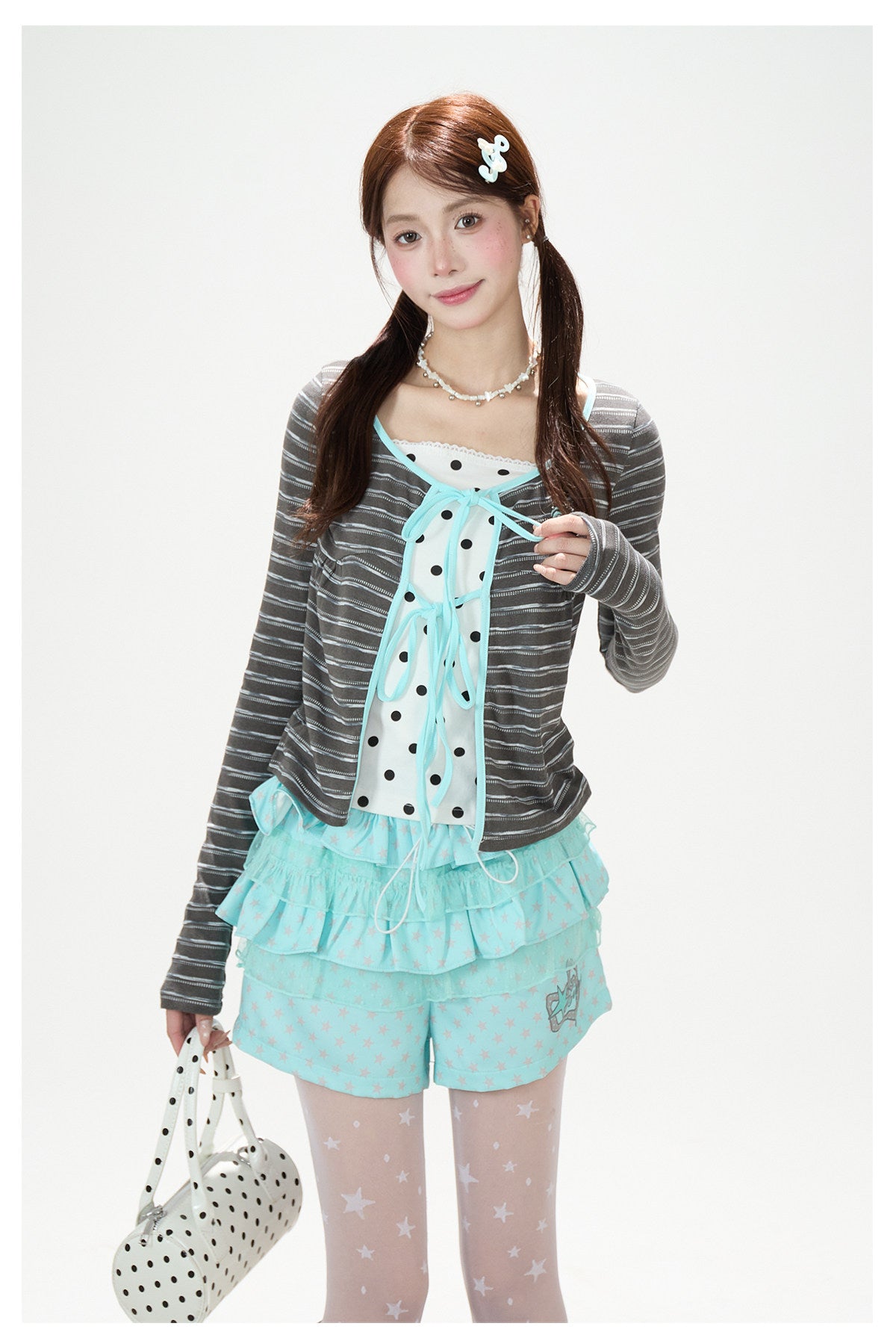 Polka-Dot Tie-Front Layered Long Sleeve Top & Pinstripe Button Wide-Leg Pants
