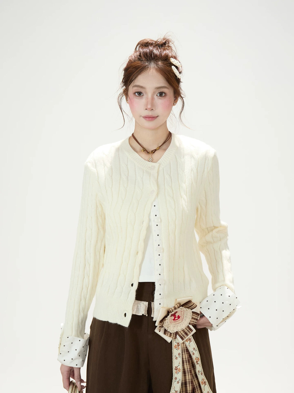 Cable-Knit Polka-Dot Faux-Layered Cardigan