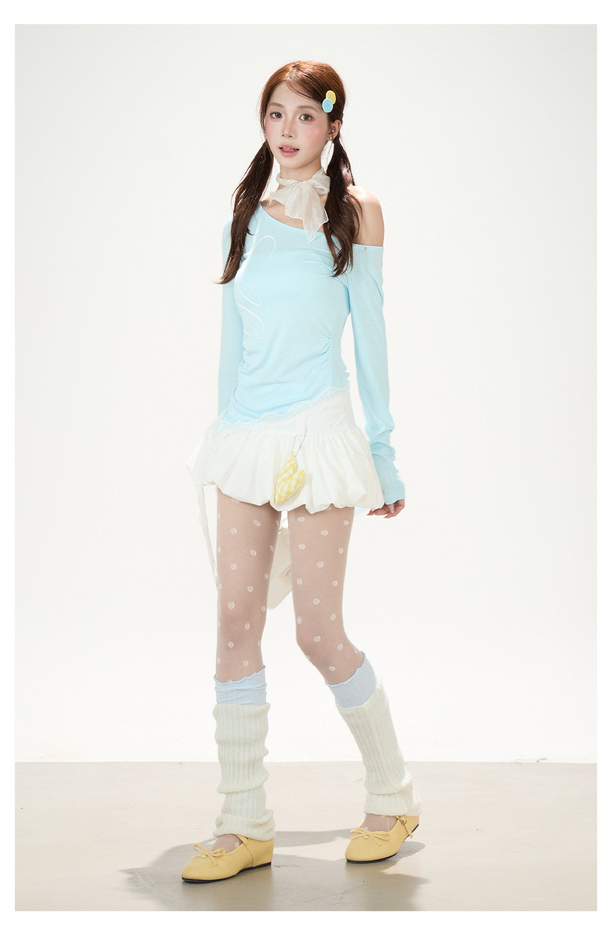 Ballet Ribbon Off-Shoulder Long Sleeve Top & White Ruffle Mini Skirt
