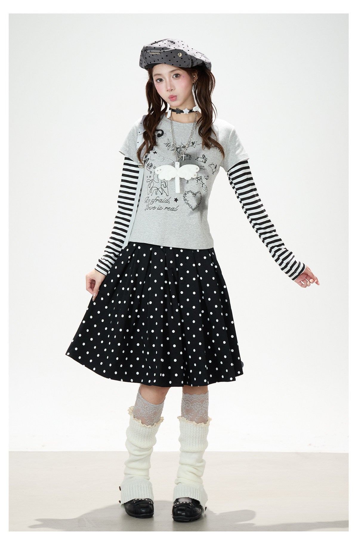Striped Faux-Layered Graphic Long Sleeve Top & Polka Dot Pleated Mini Skirt