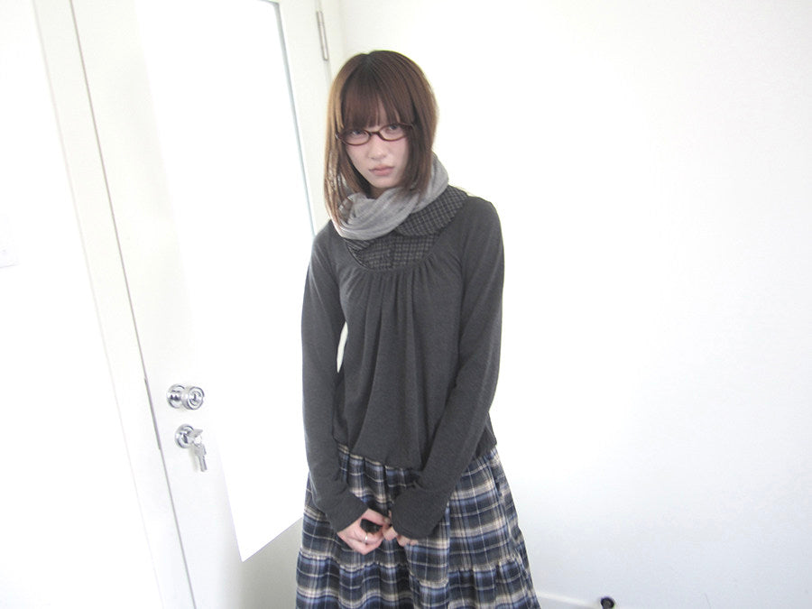 Plaid Collar Gathered Layered Long Sleeve Top