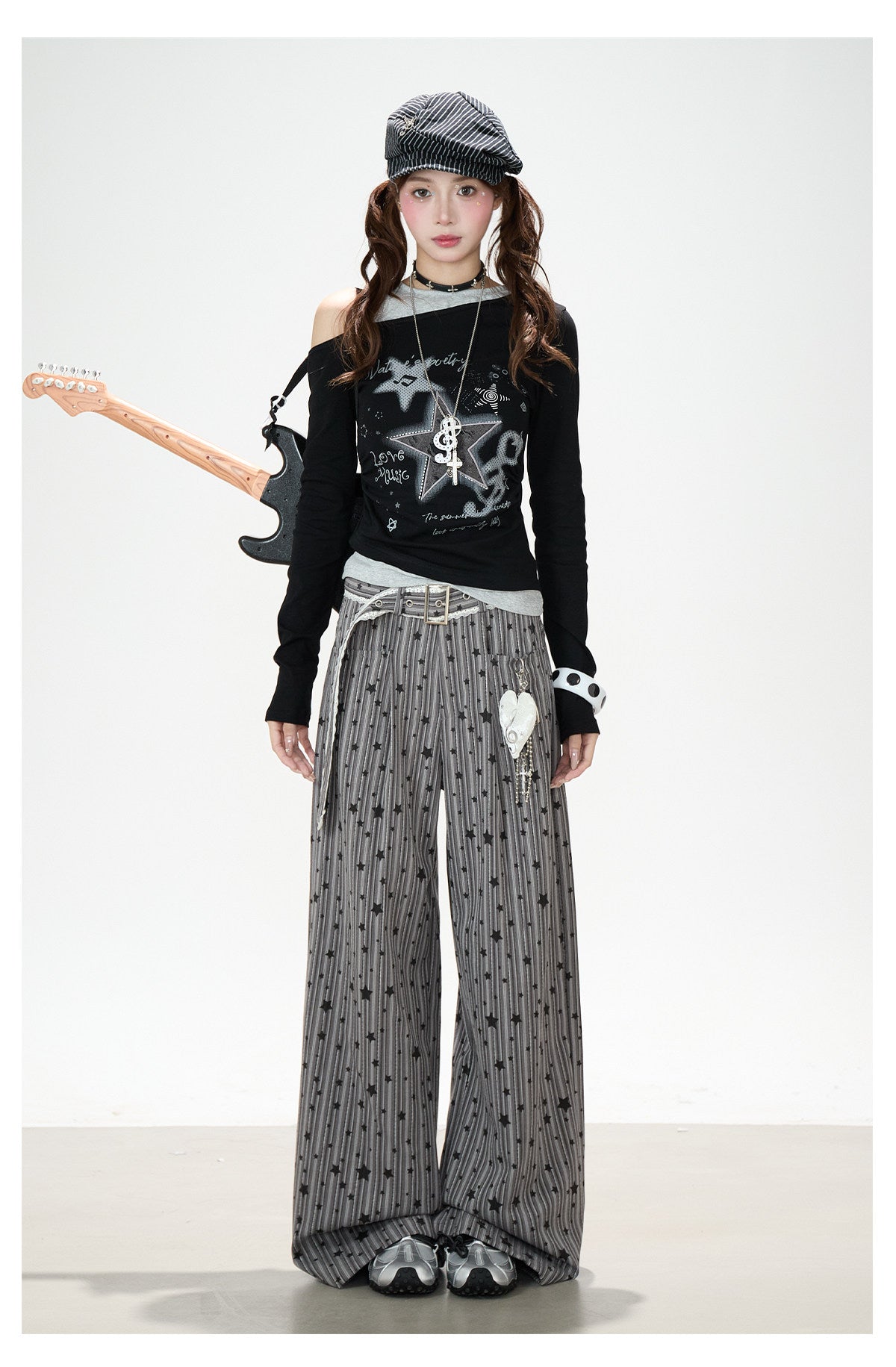 Star Melody Off-Shoulder Long Sleeve Top & Contrast Pocket Wide-Leg Pants