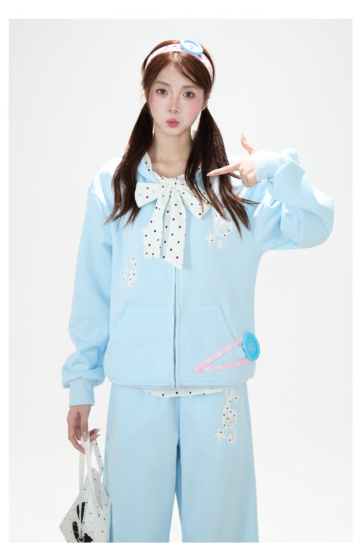 Music Note Polka-Dot Bow Zip-Up Hoodie & Gray Wide-Leg Pants