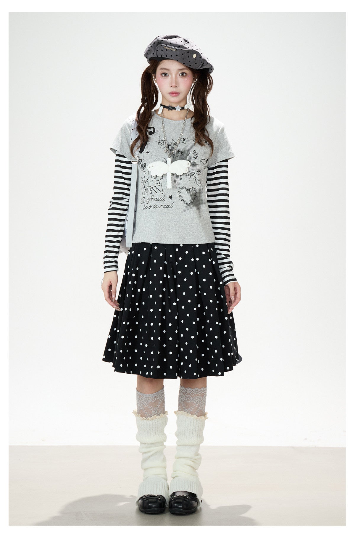Striped Faux-Layered Graphic Long Sleeve Top & Polka Dot Pleated Mini Skirt