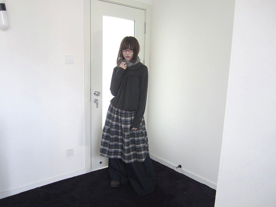 Plaid Collar Gathered Layered Long Sleeve Top