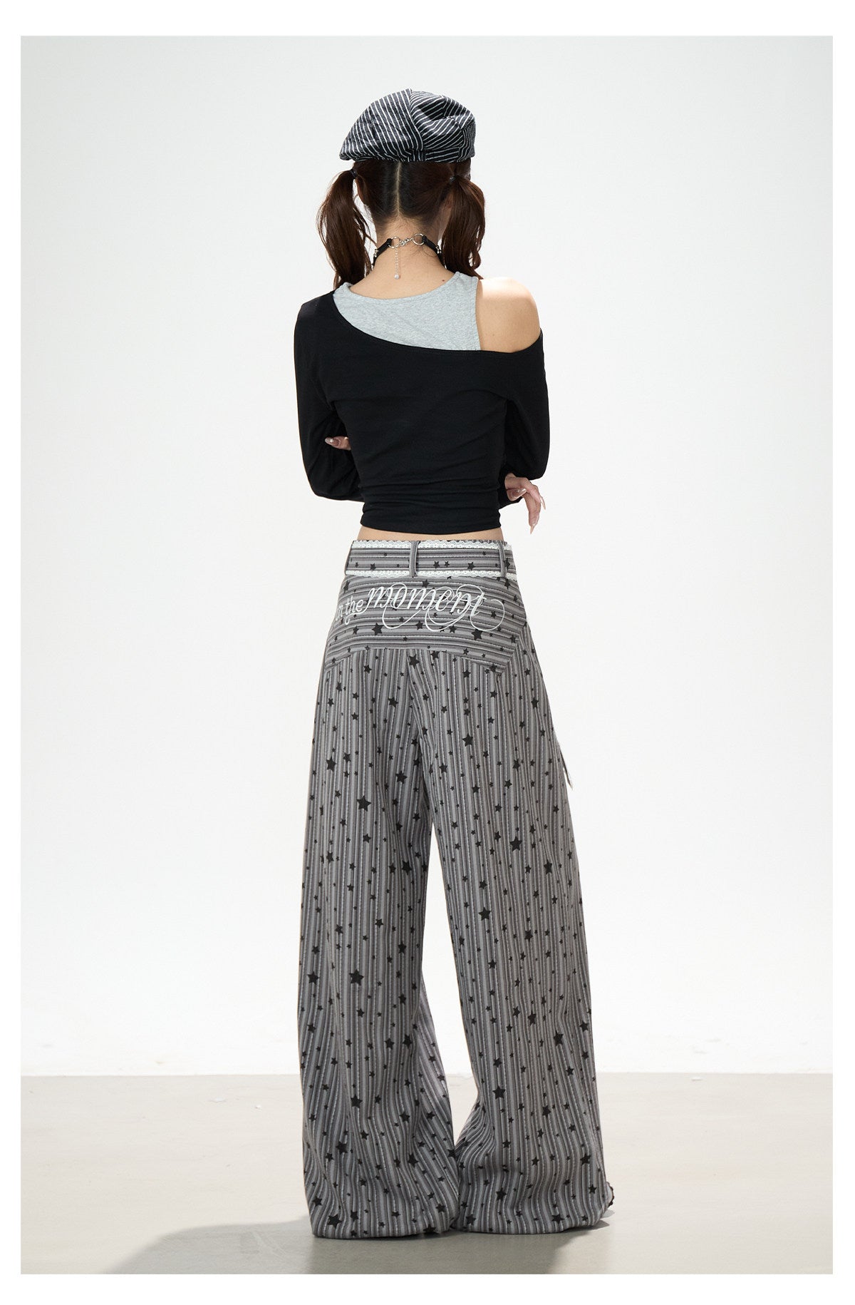 Star Melody Off-Shoulder Long Sleeve Top & Contrast Pocket Wide-Leg Pants