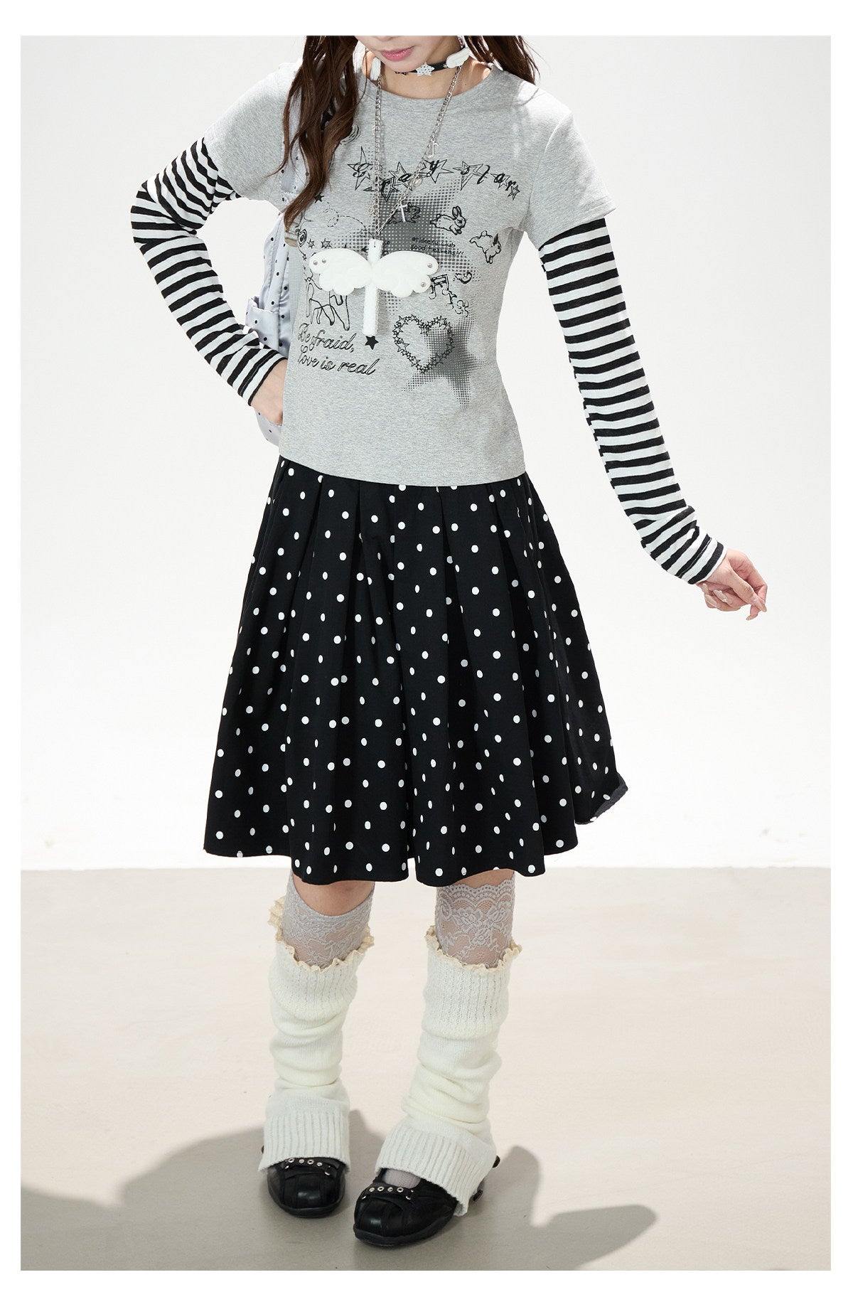 Striped Faux-Layered Graphic Long Sleeve Top & Polka Dot Pleated Mini Skirt