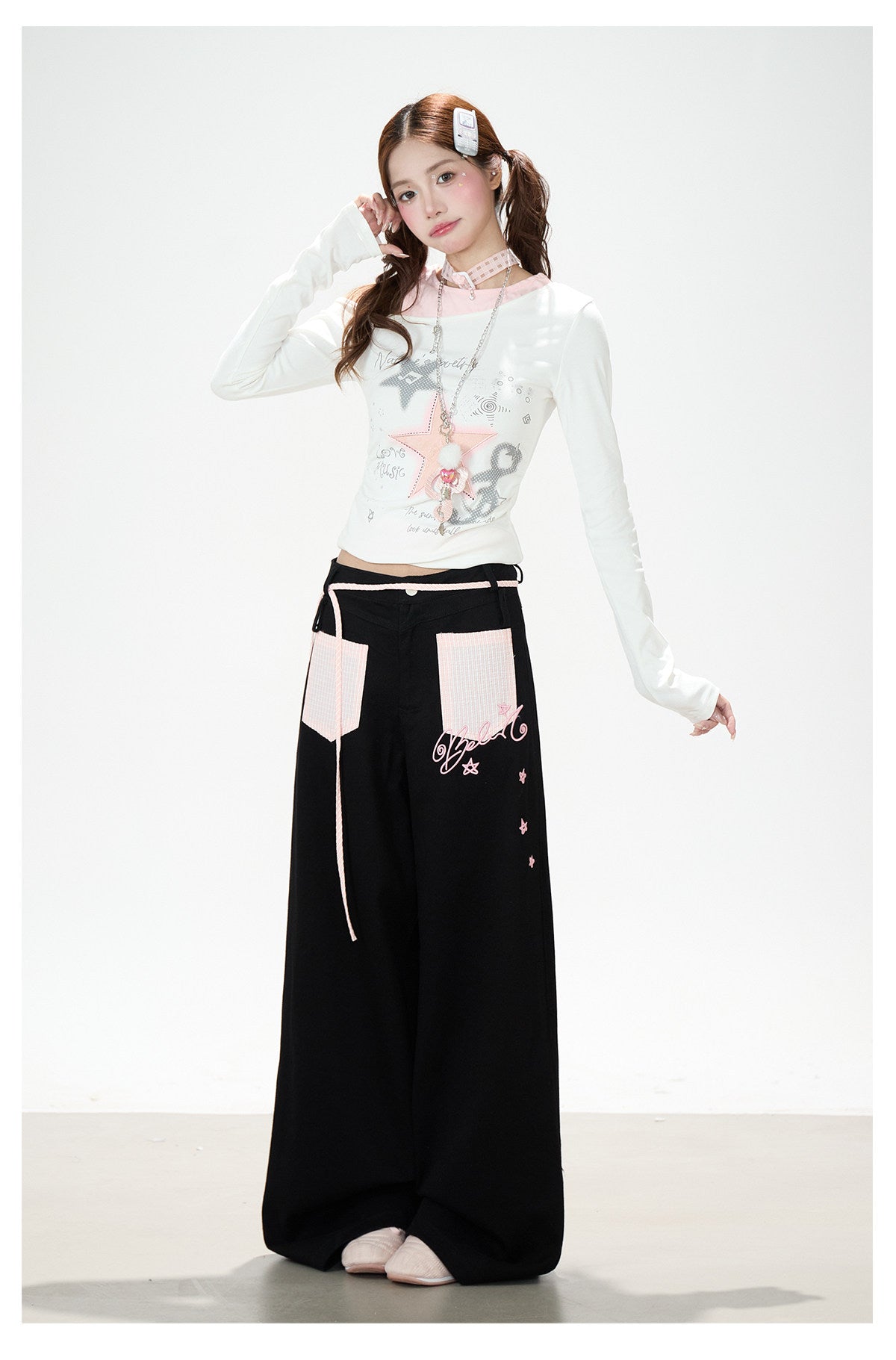 Star Melody Off-Shoulder Long Sleeve Top & Contrast Pocket Wide-Leg Pants
