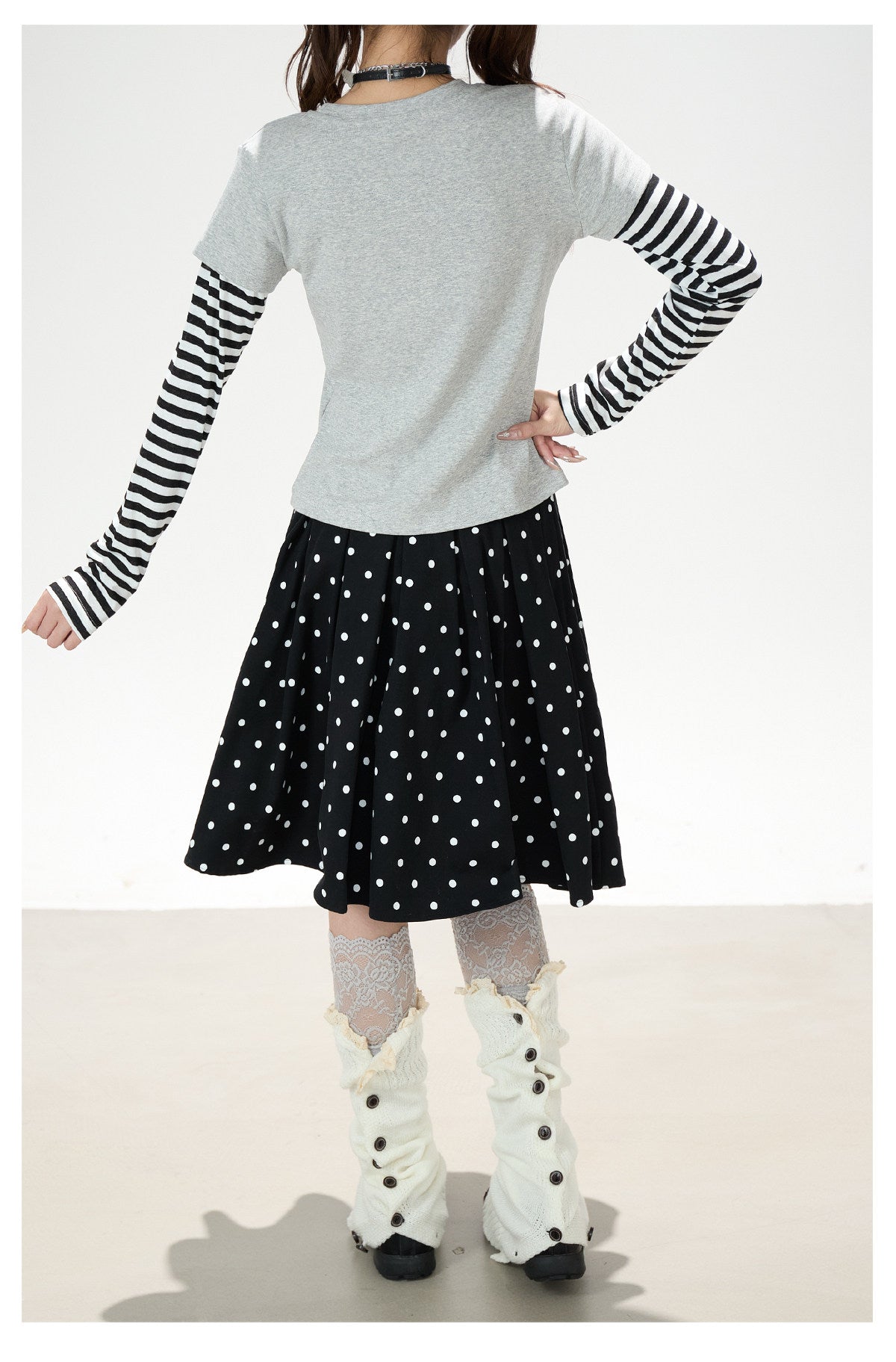 Striped Faux-Layered Graphic Long Sleeve Top & Polka Dot Pleated Mini Skirt