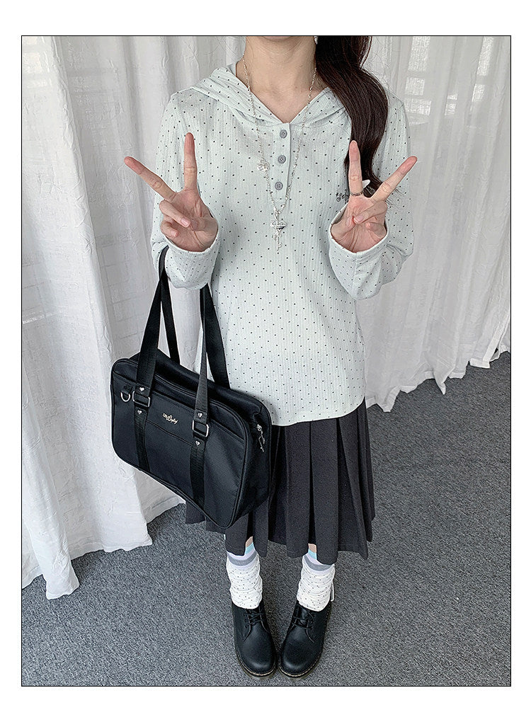 Polka Dot Henley Hooded Long Sleeve Top