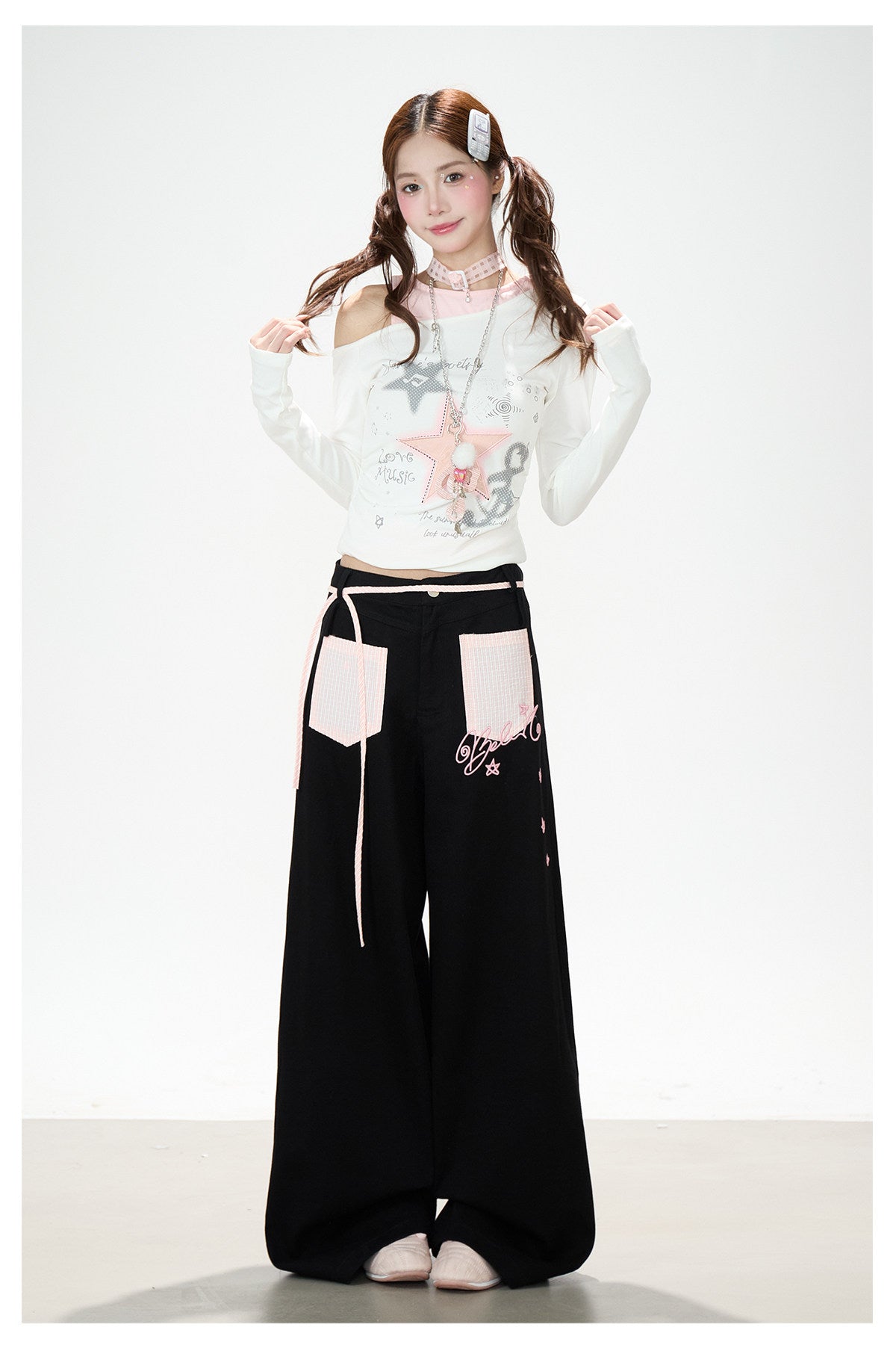 Star Melody Off-Shoulder Long Sleeve Top & Contrast Pocket Wide-Leg Pants