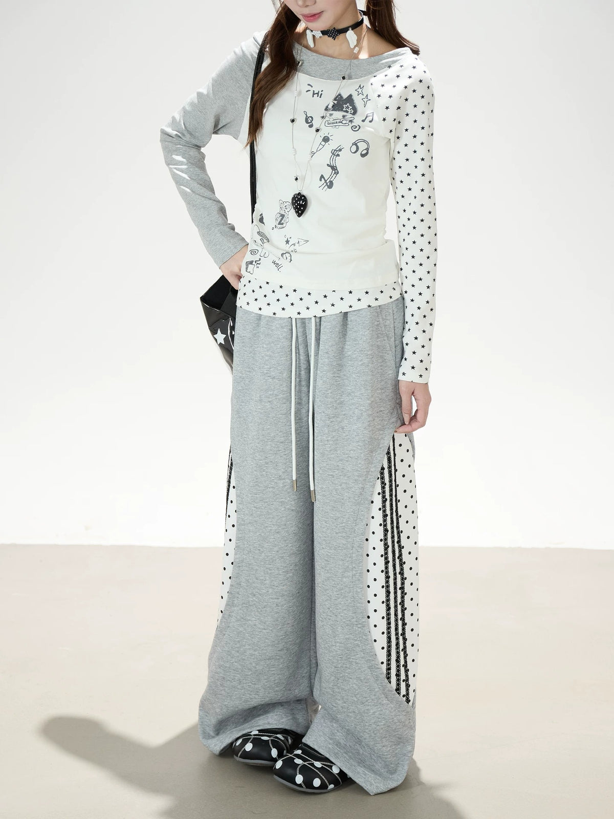 Star Patchwork Layered Long Sleeve Top & Gray Polka-Dot Wide-Leg Pants