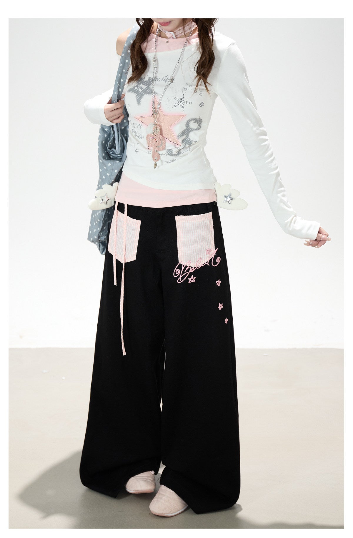 Star Melody Off-Shoulder Long Sleeve Top & Contrast Pocket Wide-Leg Pants