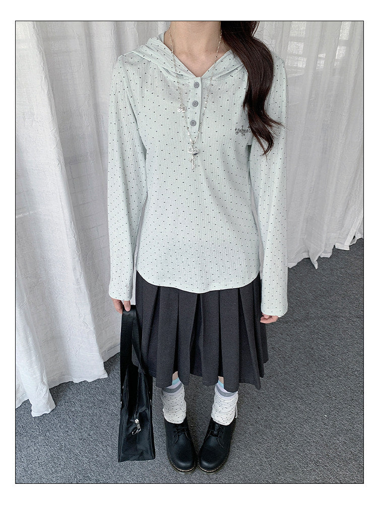 Polka Dot Henley Hooded Long Sleeve Top