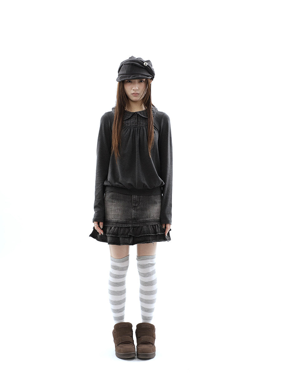 Washed Black Double-Ruffle Denim Mini Skirt