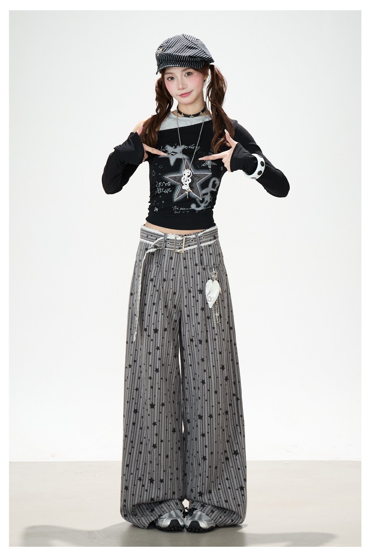 Star Melody Off-Shoulder Long Sleeve Top & Contrast Pocket Wide-Leg Pants