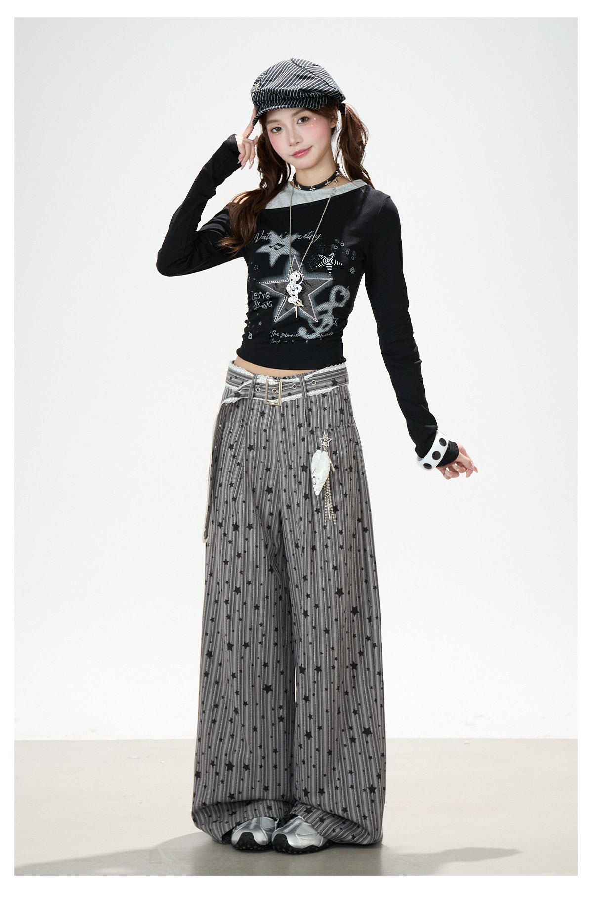 Star Melody Off-Shoulder Long Sleeve Top & Contrast Pocket Wide-Leg Pants