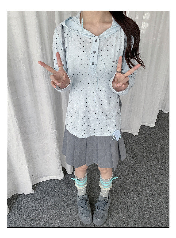 Polka Dot Henley Hooded Long Sleeve Top