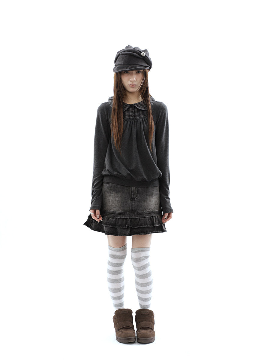 Washed Black Double-Ruffle Denim Mini Skirt