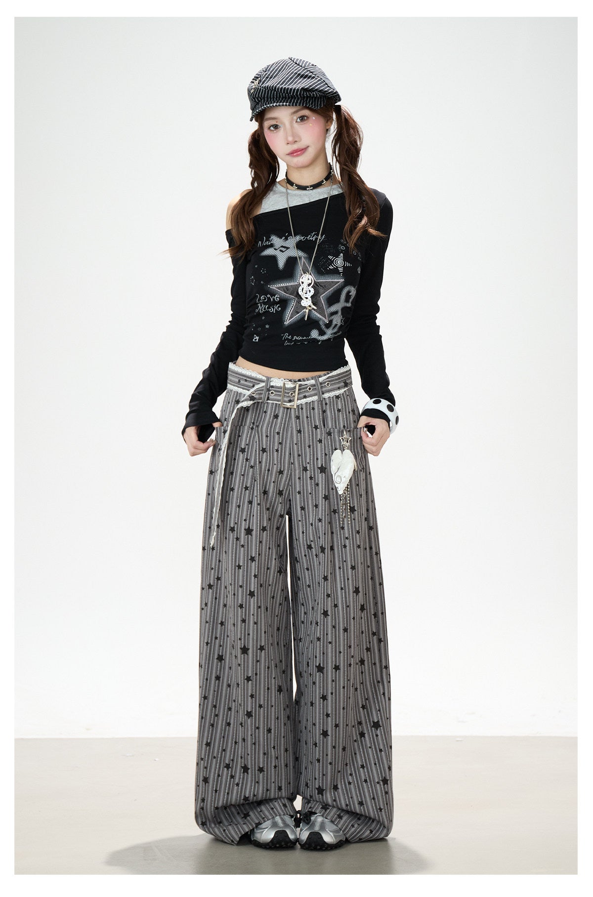 Star Melody Off-Shoulder Long Sleeve Top & Contrast Pocket Wide-Leg Pants