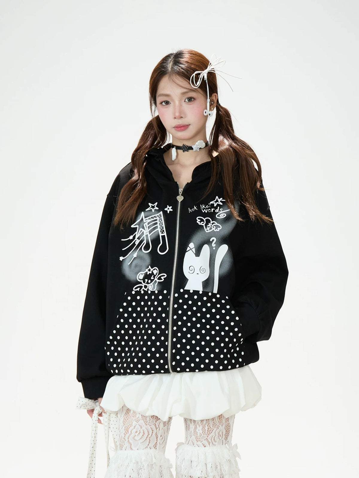 Cartoon Polka-Dot Zip-Up Hoodie & Star Print Shorts