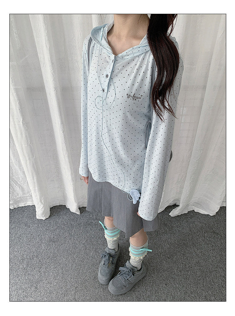 Polka Dot Henley Hooded Long Sleeve Top