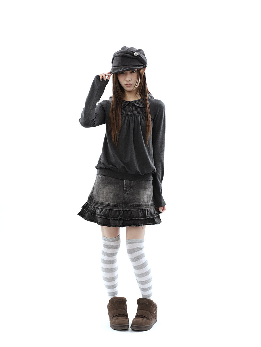 Washed Black Double-Ruffle Denim Mini Skirt