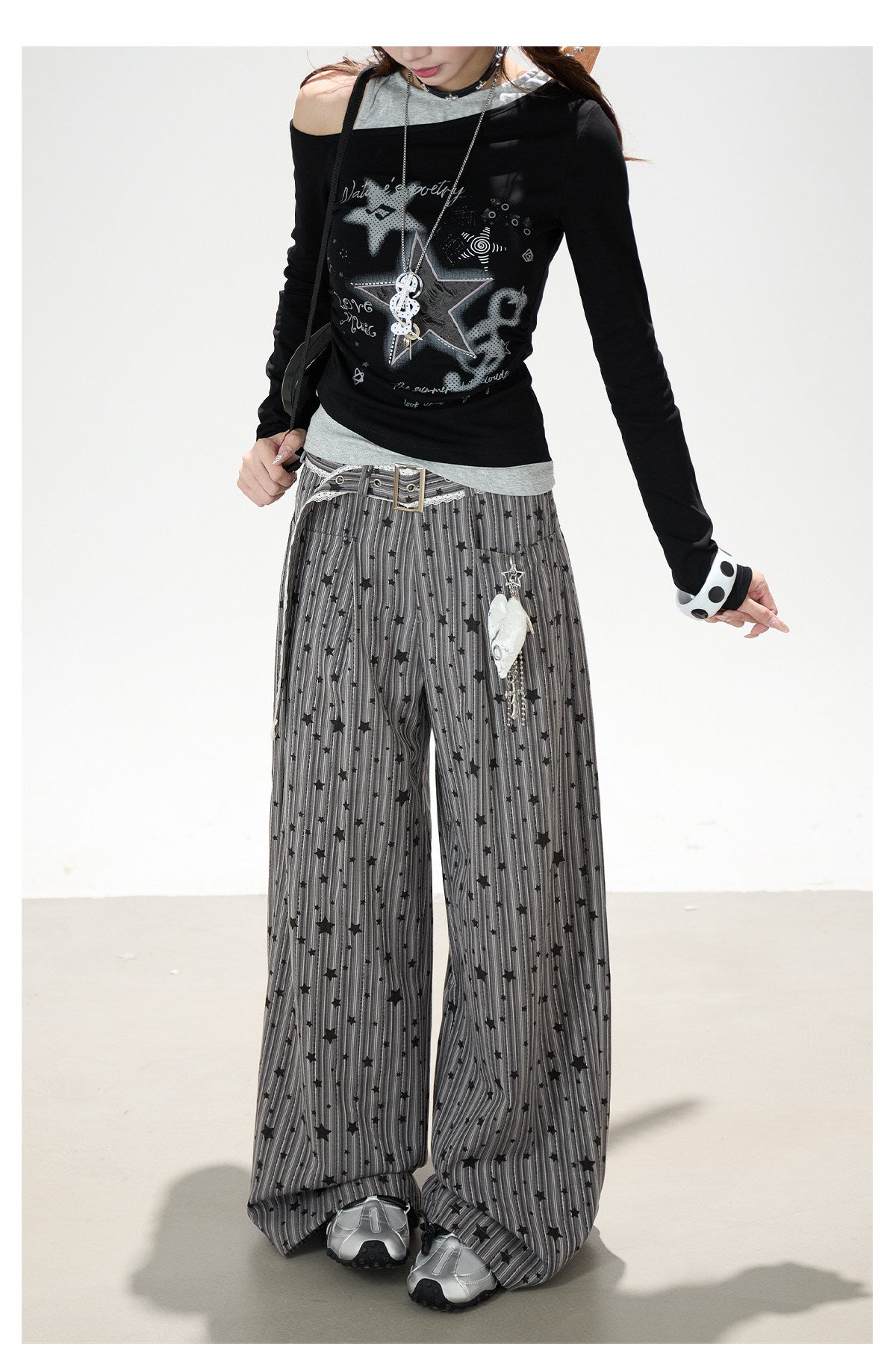 Star Melody Off-Shoulder Long Sleeve Top & Contrast Pocket Wide-Leg Pants