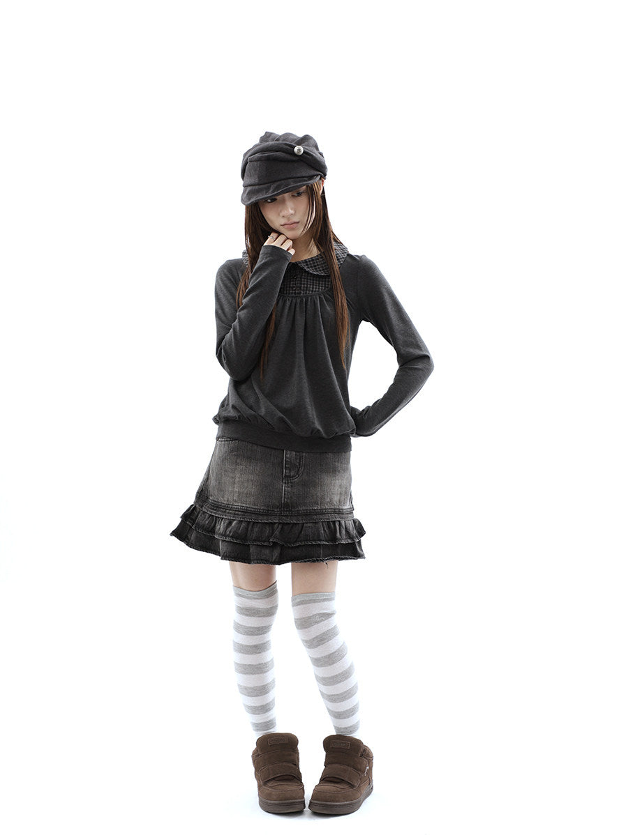 Washed Black Double-Ruffle Denim Mini Skirt