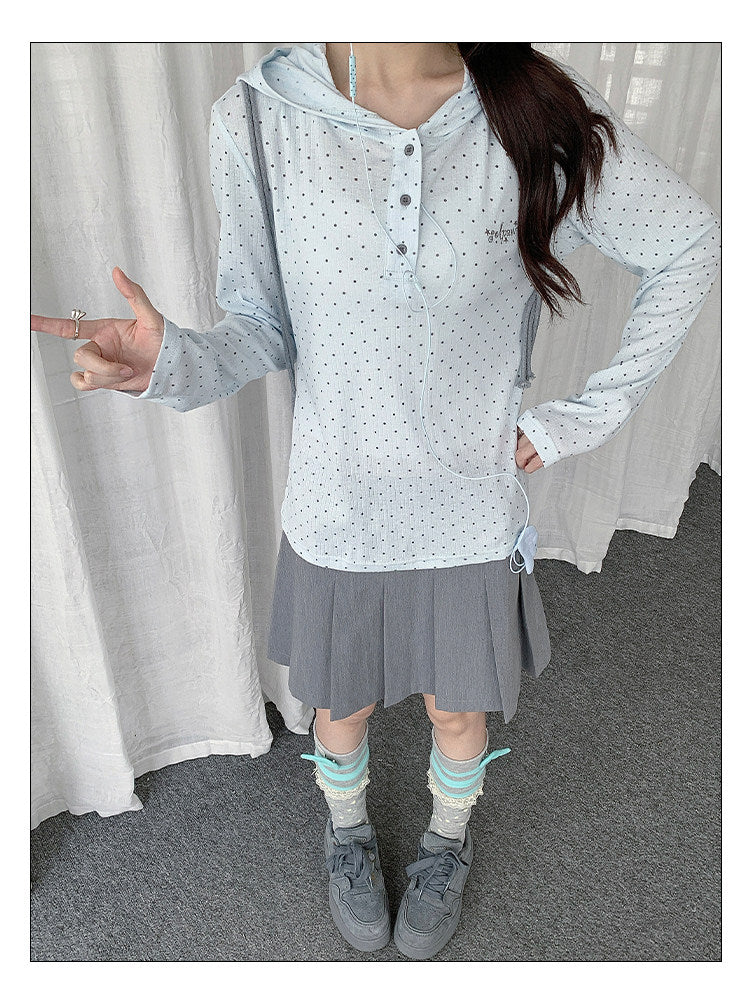 Polka Dot Henley Hooded Long Sleeve Top