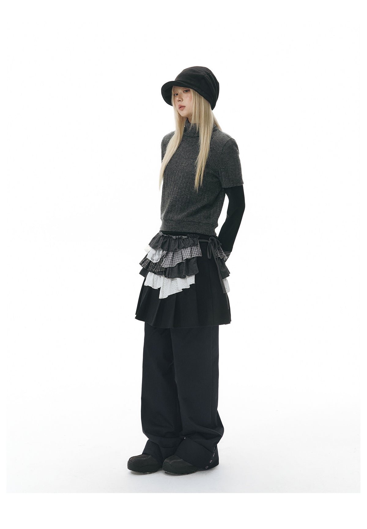 Pleated Skirt-Overlay Cargo Wide-Leg Pants