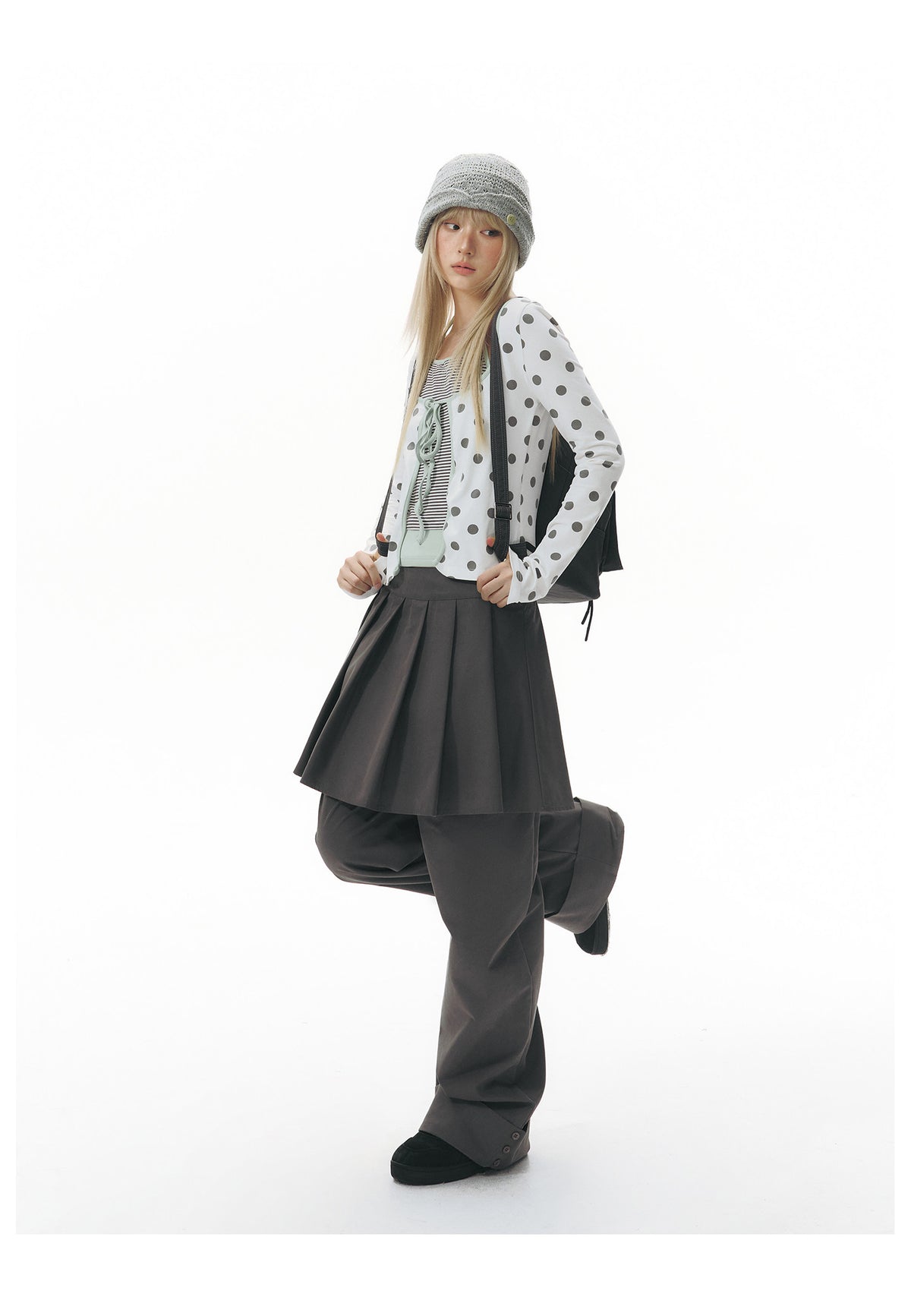Polka Dot Tie-Front Layered Halter Long Sleeve Top