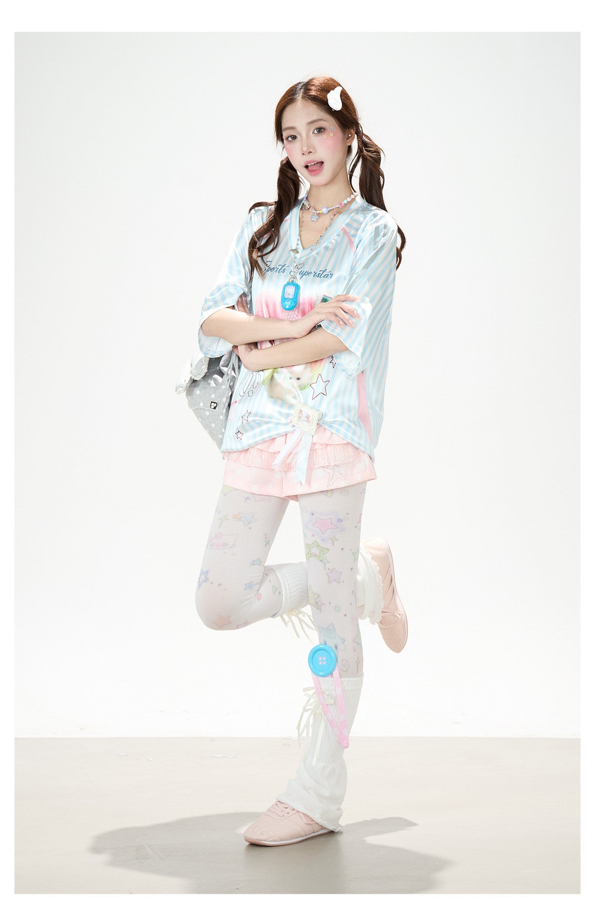 Striped Kitty Graphic V-Neck Tee & Layered Gingham Ruffle Skirt