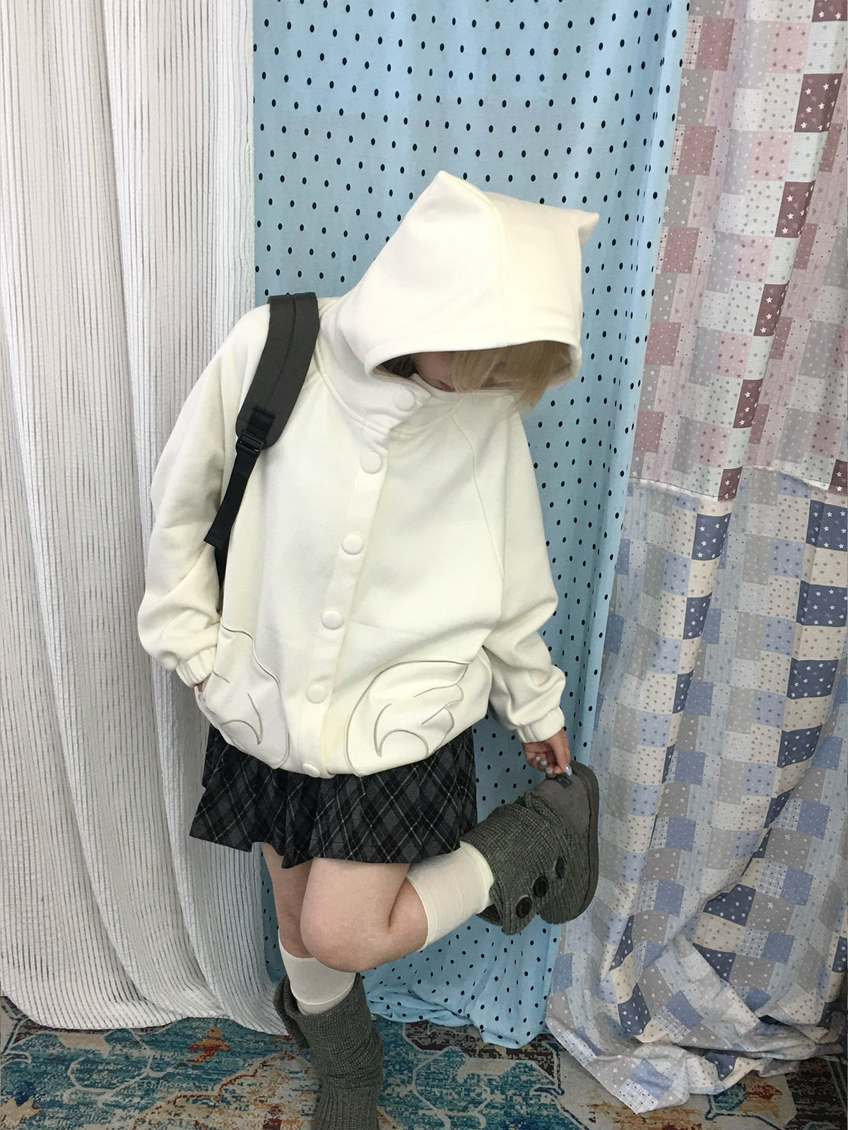 Dusty Blue & Ivory Fleece-Lined Cat Ear Wing Pocket Hooded Jacket