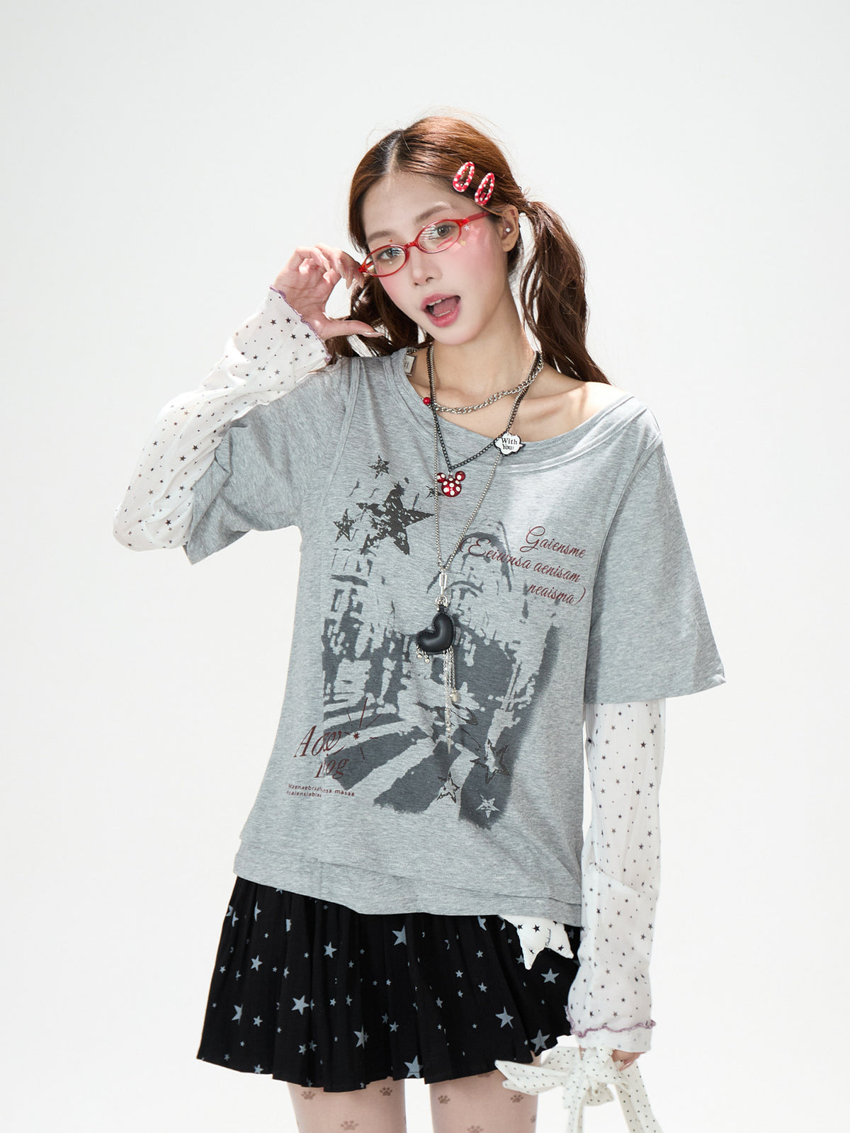 Faux Layered Star Mesh Graphic Long Sleeve Top & Black Star Pleated Mini Skirt