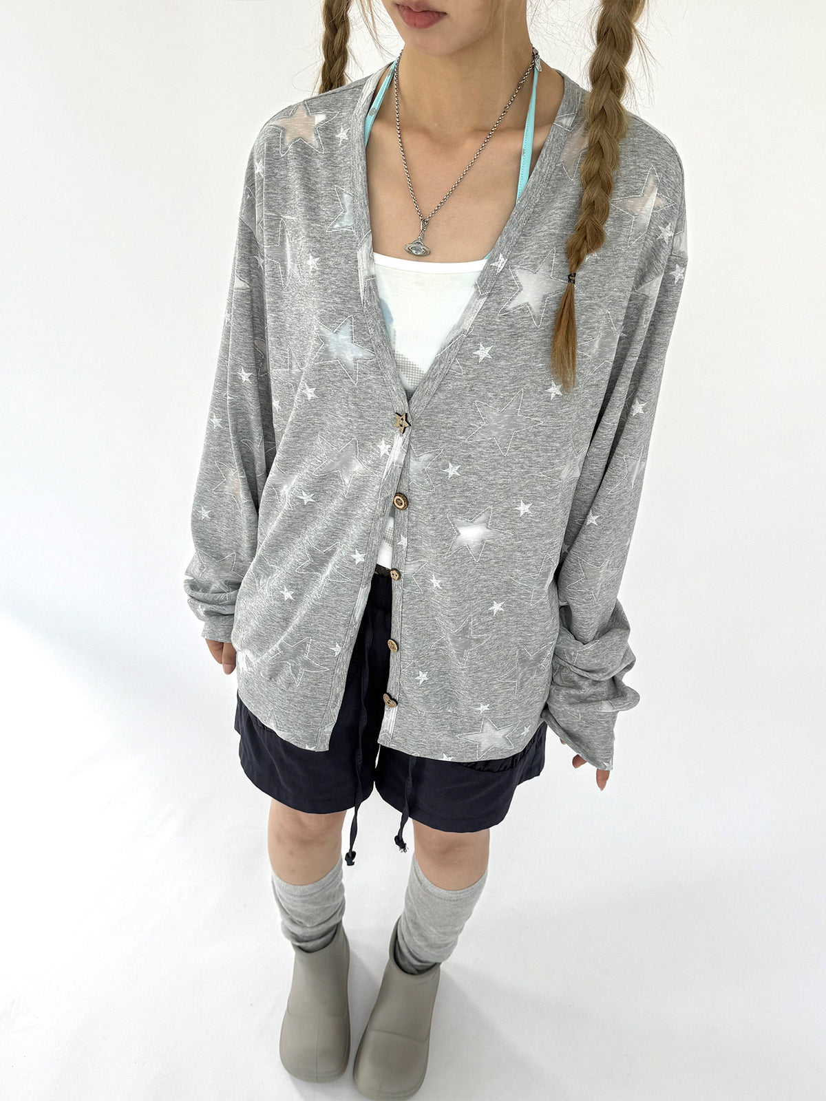 Star Print Lightweight V-Neck Cardigan