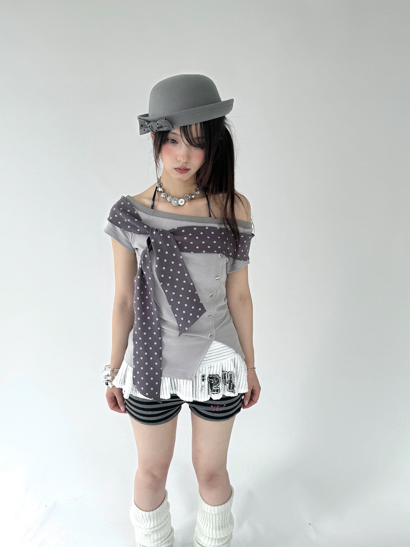 Polka Dot Tie-Wrap Off-Shoulder Fitted Top