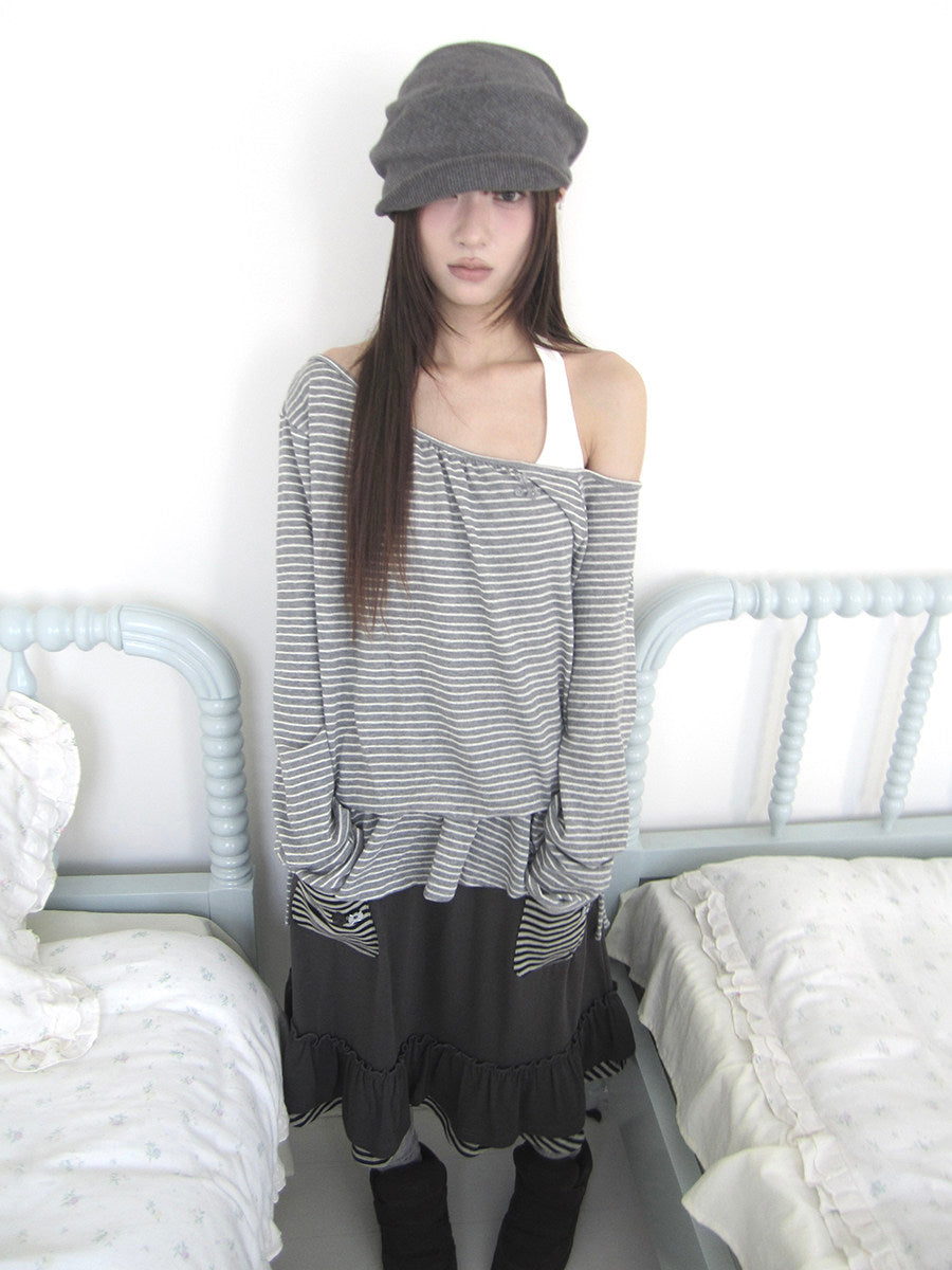 Striped Off-Shoulder Ruffle Layered Long Sleeve Top